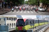 a composite image, top half shows a multitude of people on scooter approaching a road junction in Hanoi, taken in 2006. Bottom half shows an image of a metro train on line three in Hanoi taken in 2024