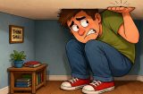 a cartoon image of a man squeezed into a room where the ceiling is too low, a picture on the wall says think small