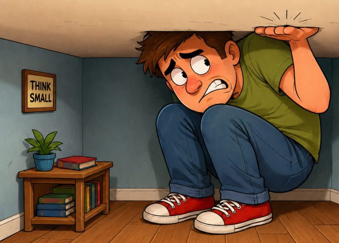 a cartoon image of a man squeezed into a room where the ceiling is too low, a picture on the wall says think small