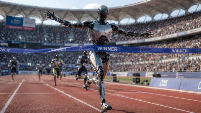 a humanoid robot crosses a finish line - breaking a tape marked winner - in a race with other humanoid robots, in a realistic looking stadium