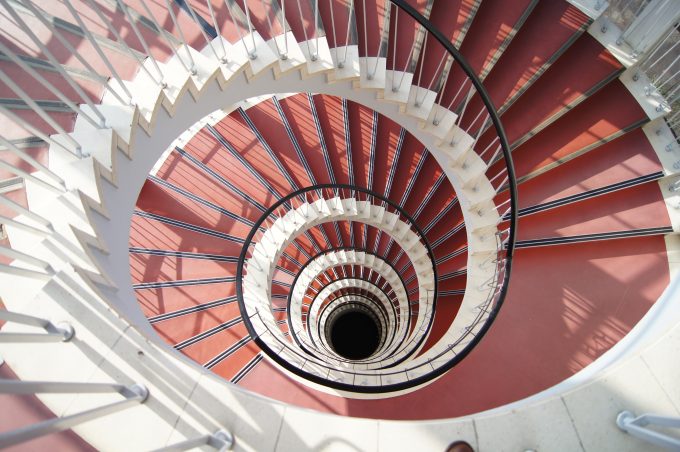 looking down on a spiral staircase